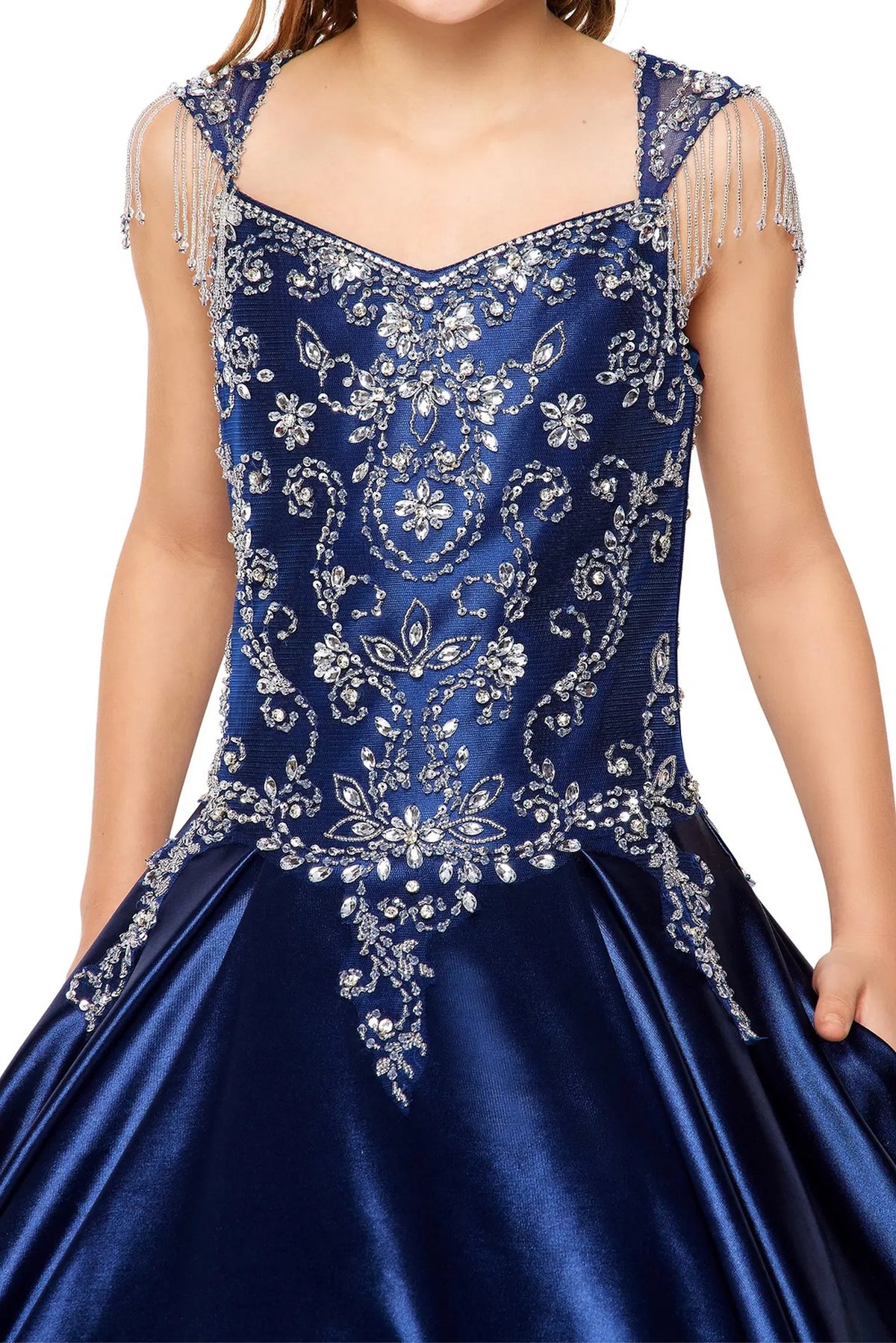 Showcasing crystal shoulder fringe and ornate bodice beading on the Navy mini quince dress.