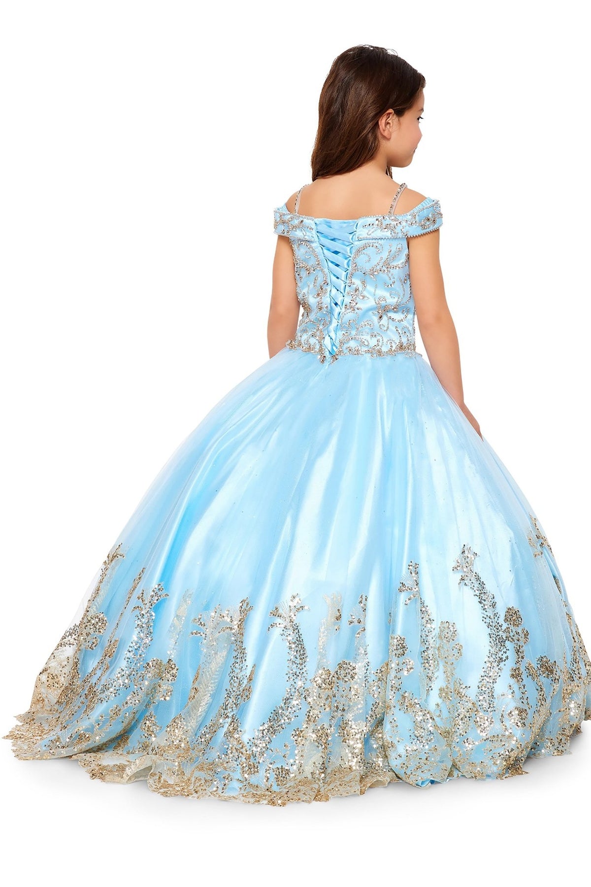 Blue back view kids mini quinceañera mini quince dress with off-shoulder rhinestone beading, glitter mesh sweep train and bolero.
