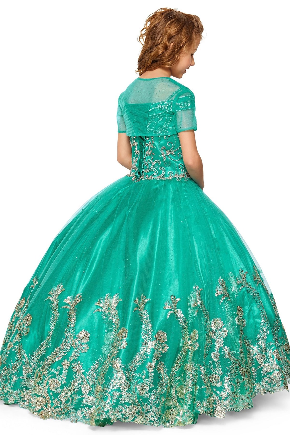 Jade back view kids mini quinceañera mini quince dress with off-shoulder rhinestone beading, glitter mesh sweep train and bolero.