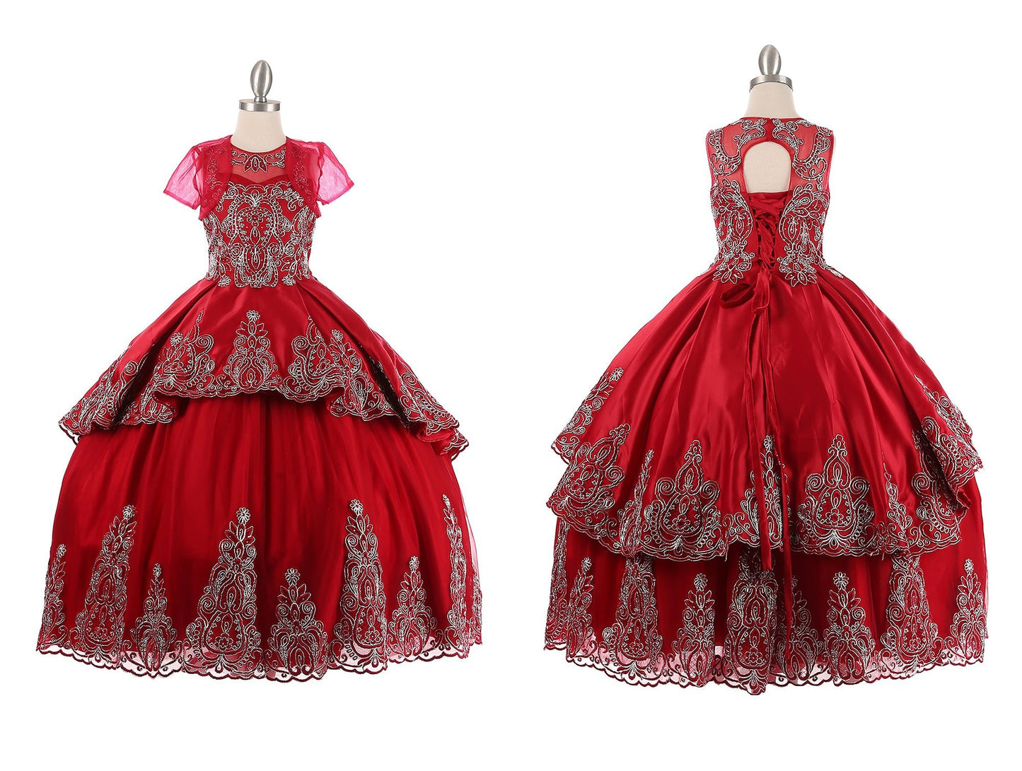 Burgundy side view kids mini quinceañera mini quince dress with metallic coiled embroidery, stone detailing and sheer bolero.