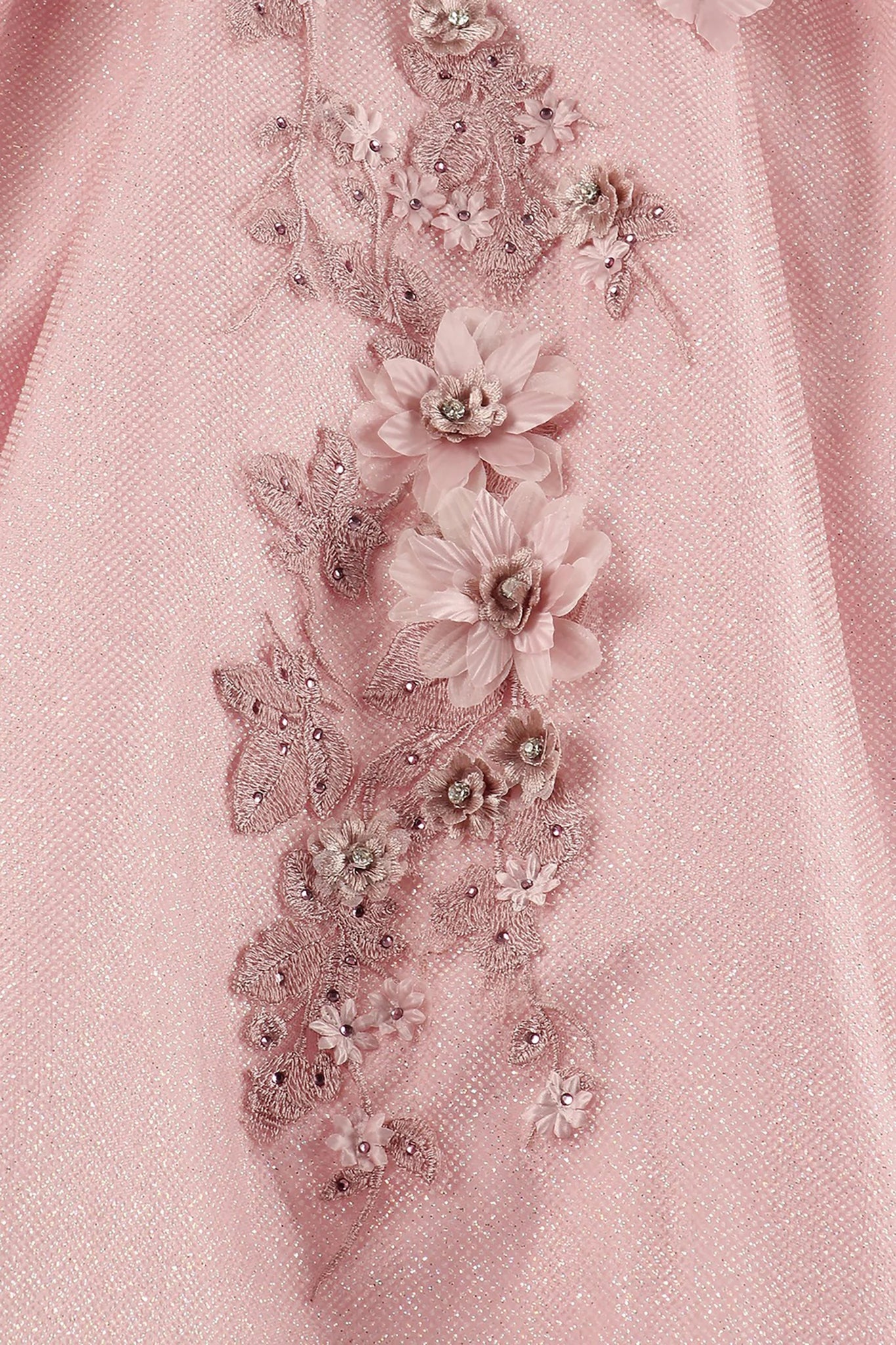 Dusty rose fabric close-up kids mini quinceañera mini quince dress with floral lace embroidery and bead embellishments.
