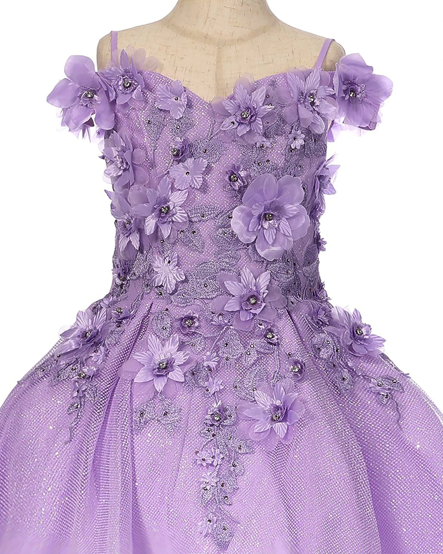 Lilac front view kids mini quinceañera mini quince dress with floral lace, bead embellishments and satin tulle skirt.