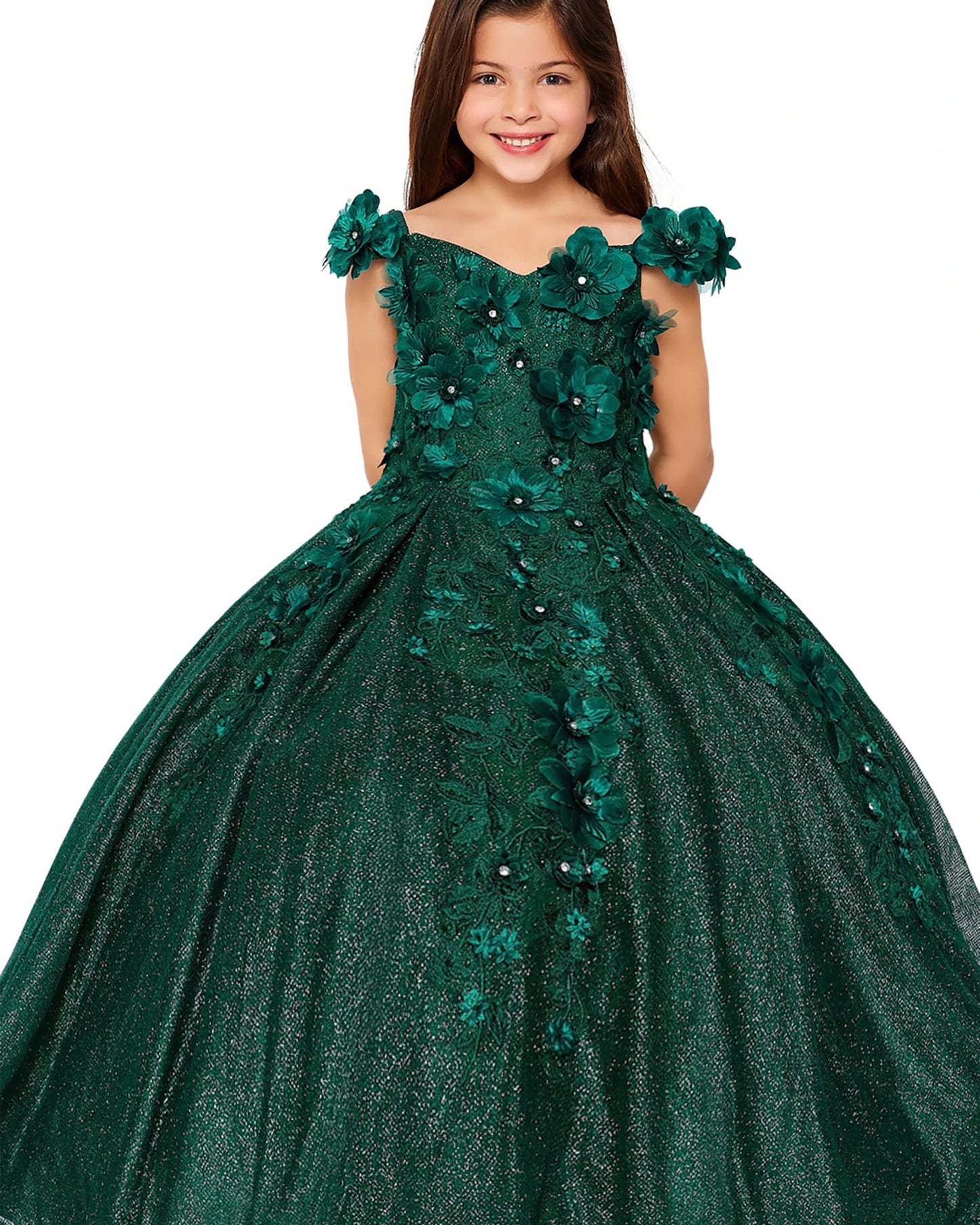 Front view of a woman wearing hunter green quinceanera ball gown with floral appliques, glitter details, and pleated beaded skirt