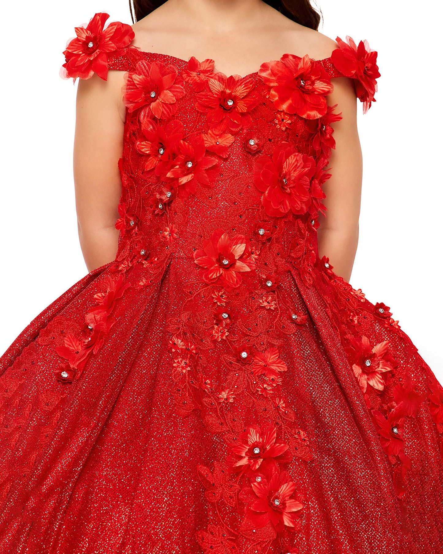 Close-up front-facing view of red Anaya mini quinceañera ball gown with 3D stone and pearl embellishments on bodice and shimmering detailing