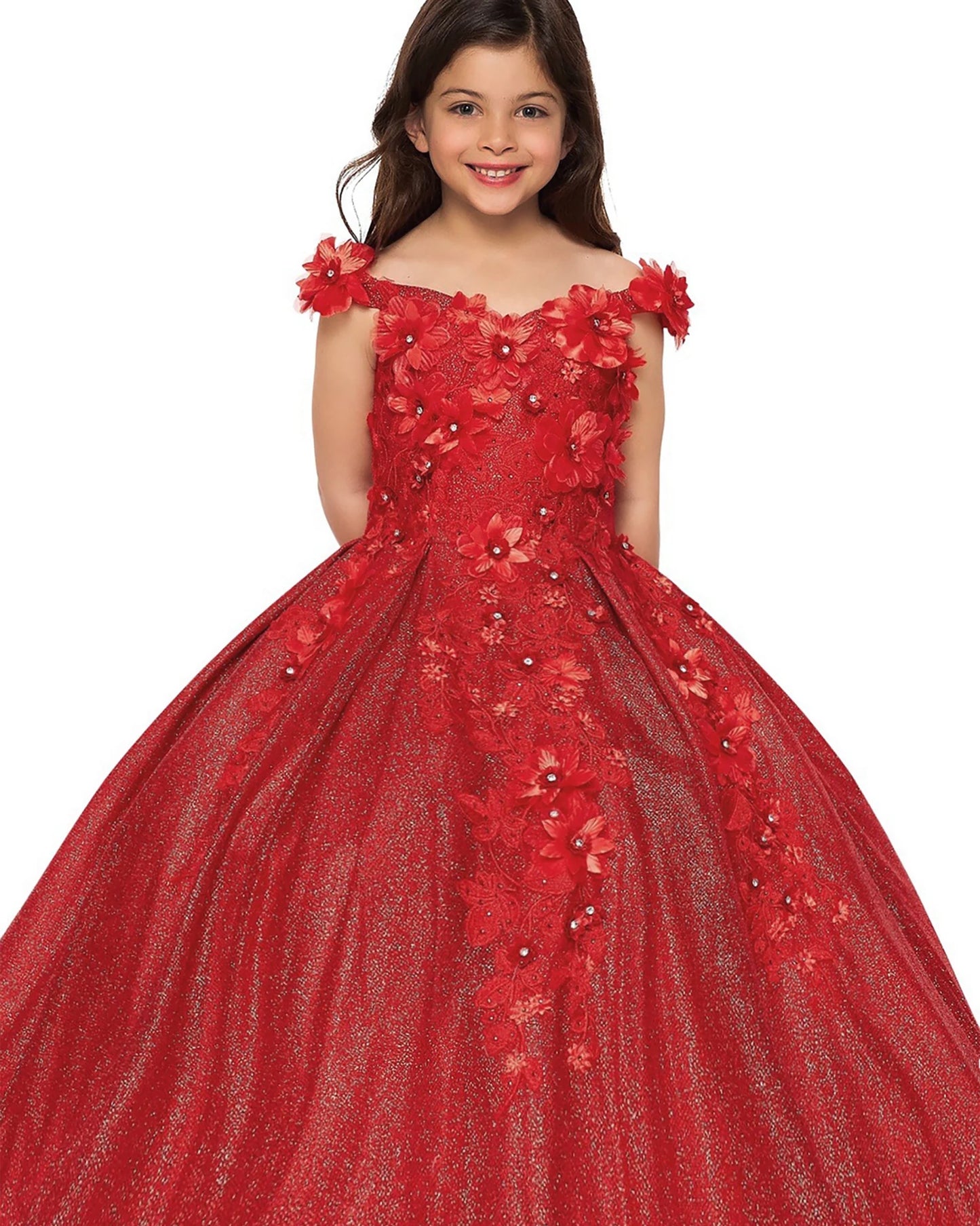 Young girl wearing a red floral gown on a white background