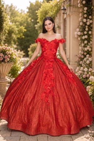 Shown in a front view, the Red quinceañera dress has off-shoulder floral bodice and sparkling full skirt.