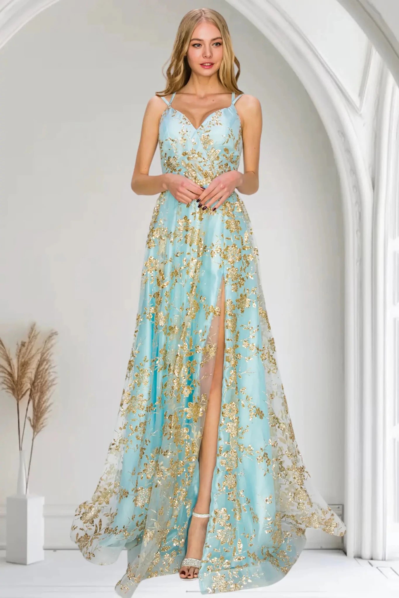 Blue Evening Dress with Beaded Thin Belt Waistline XS / Blue