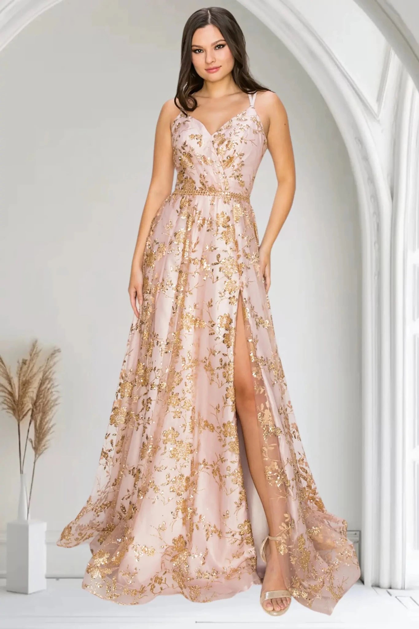 Dusty Rose Floral Glitter A-Line Prom Dress with Slit Fit M / Dusty Rose