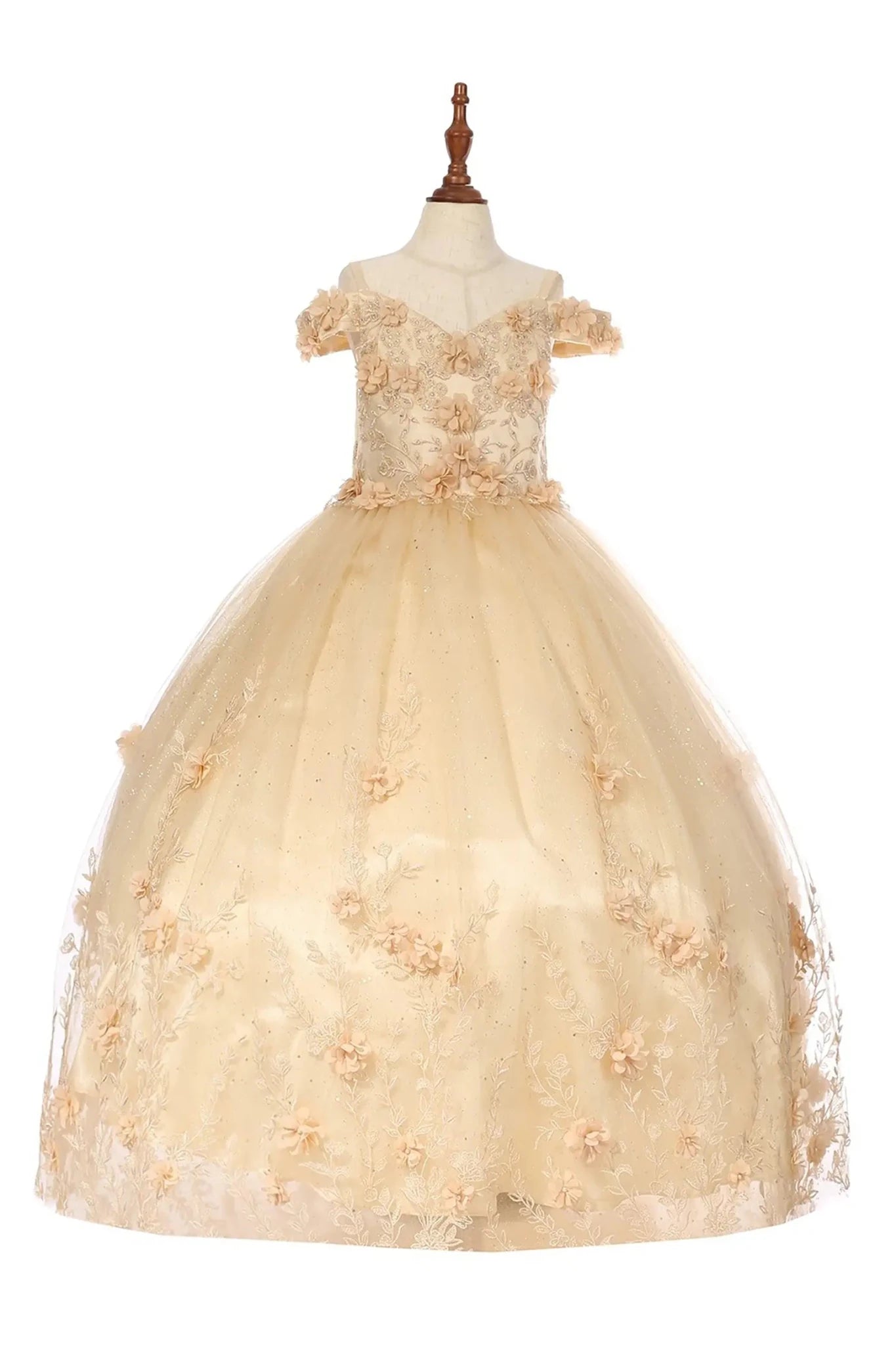 Champagne front view kids mini quinceañera mini quince dress with off-shoulder sleeves, glitter lace tulle and floral applique.