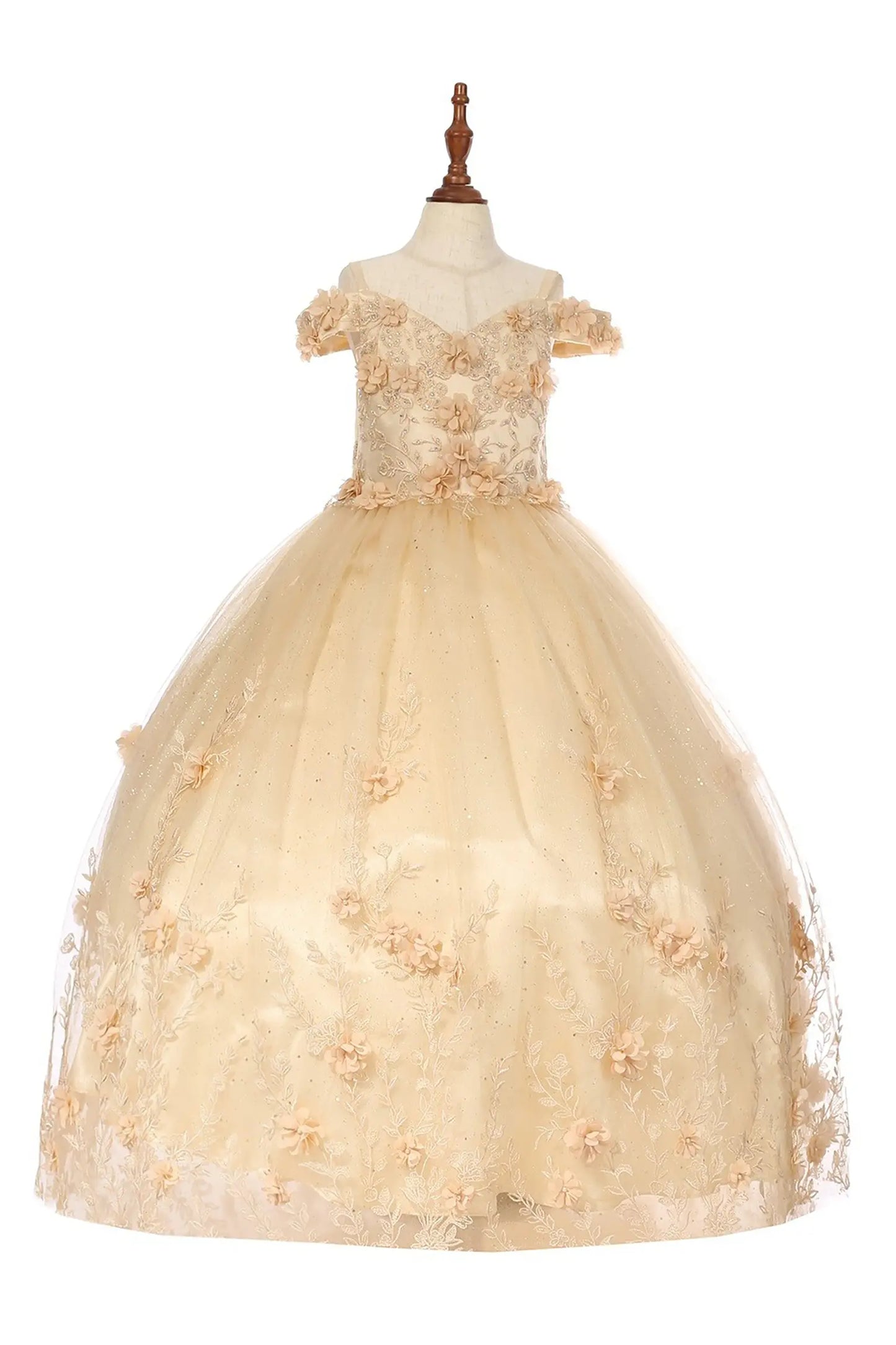 Champagne mini quinceañera dress with off-shoulder sleeves, glittered lace tulle fabric, 3D floral appliqués, and shimmering A-line silhouette