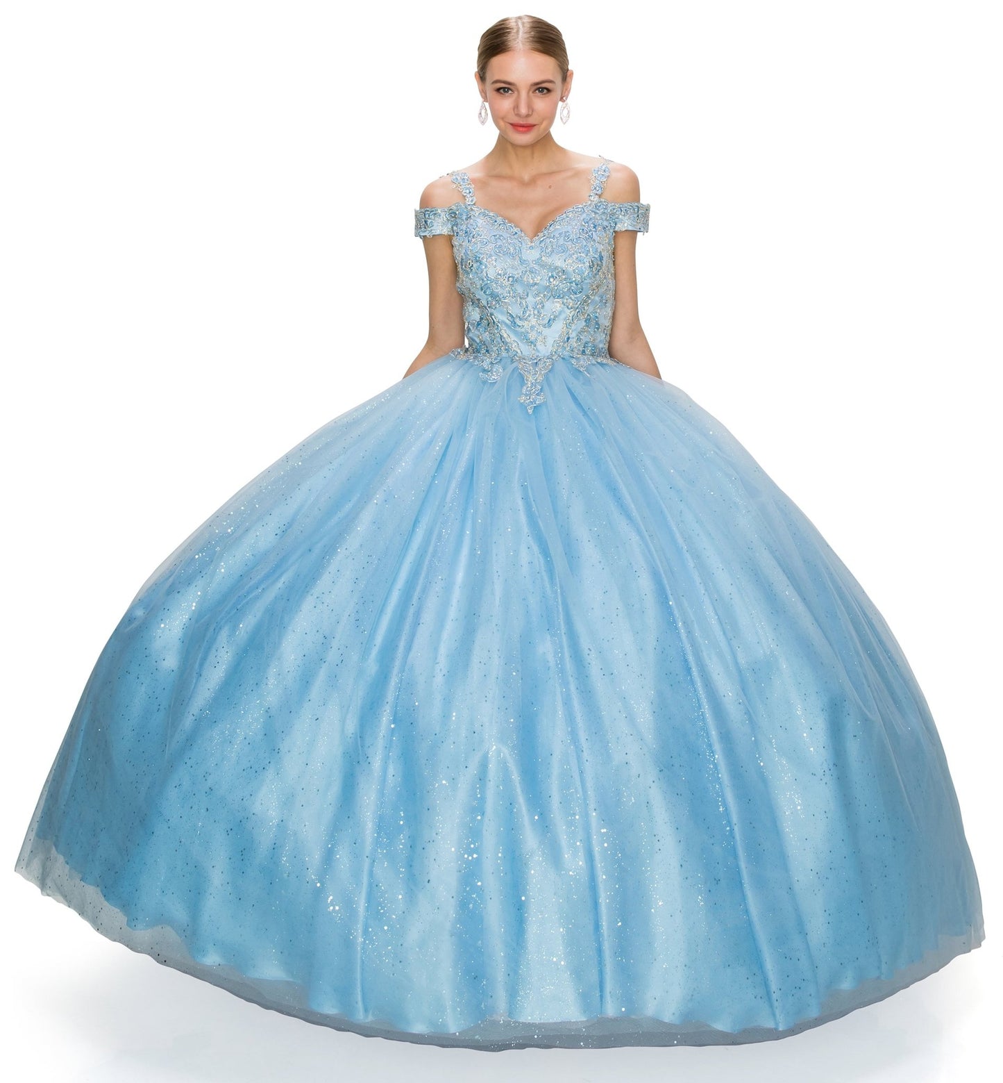 Front view of a woman wearing light blue quinceanera ball gown with off-shoulder neckline, glitter tulle fabric, and rhinestone bodice
