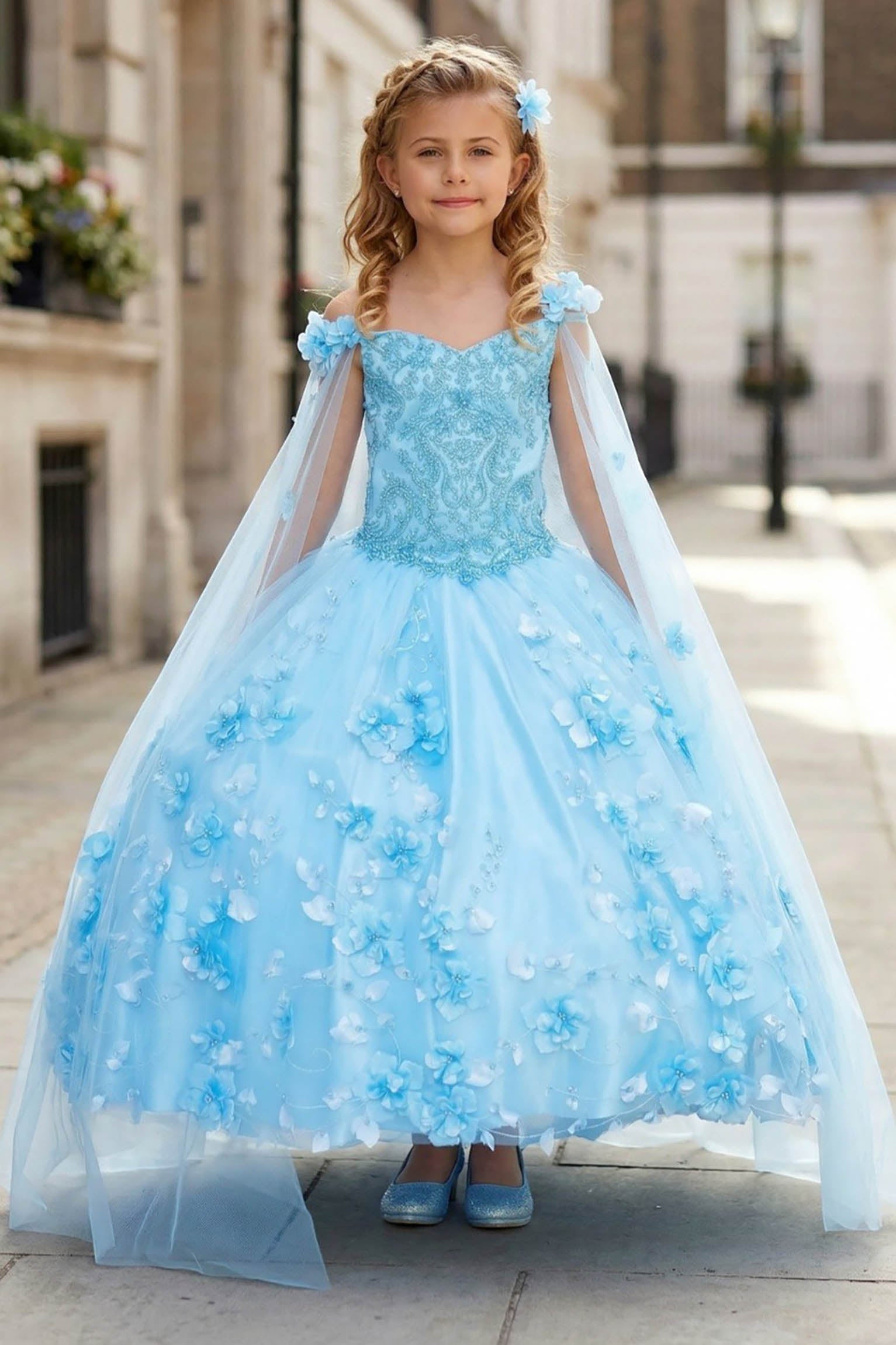 Blue Kids Mini Quinceanera Ball Gown 3D Flowers Detachable Cape 10 / Blue