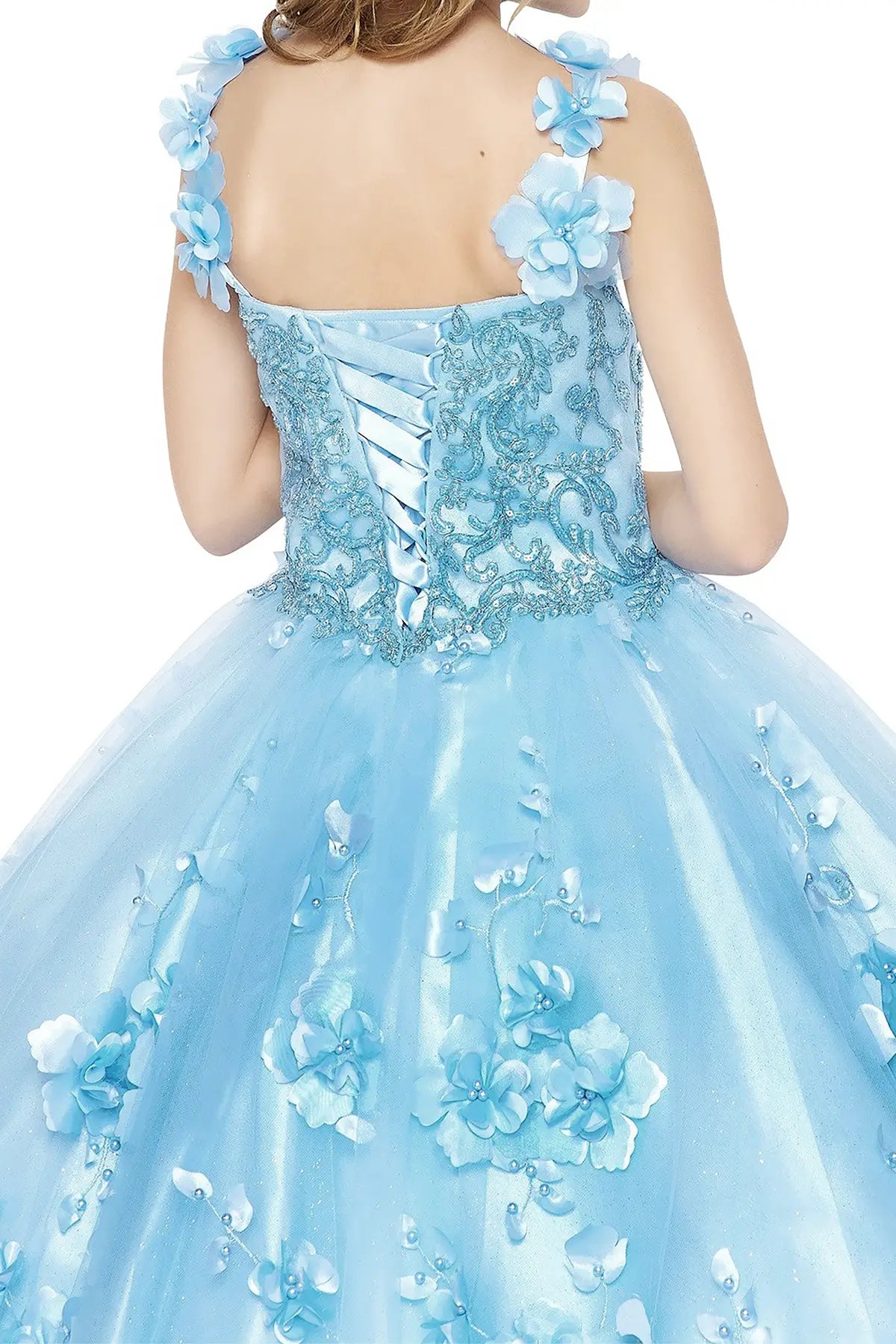 Light blue mini quince dress with floral details and flowing silhouette.