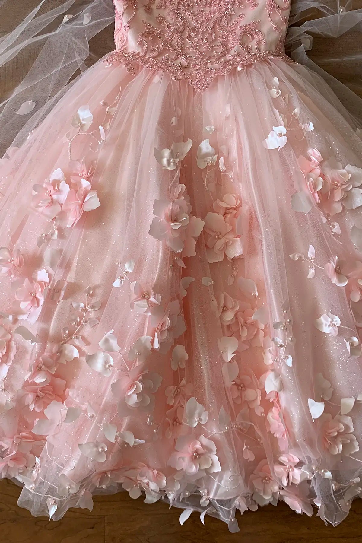 Blush Kids Dress with 3D Flowers, Stones, Pearls and Detachable Cape, Mini Quince Dress Pink floral dress with intricate details