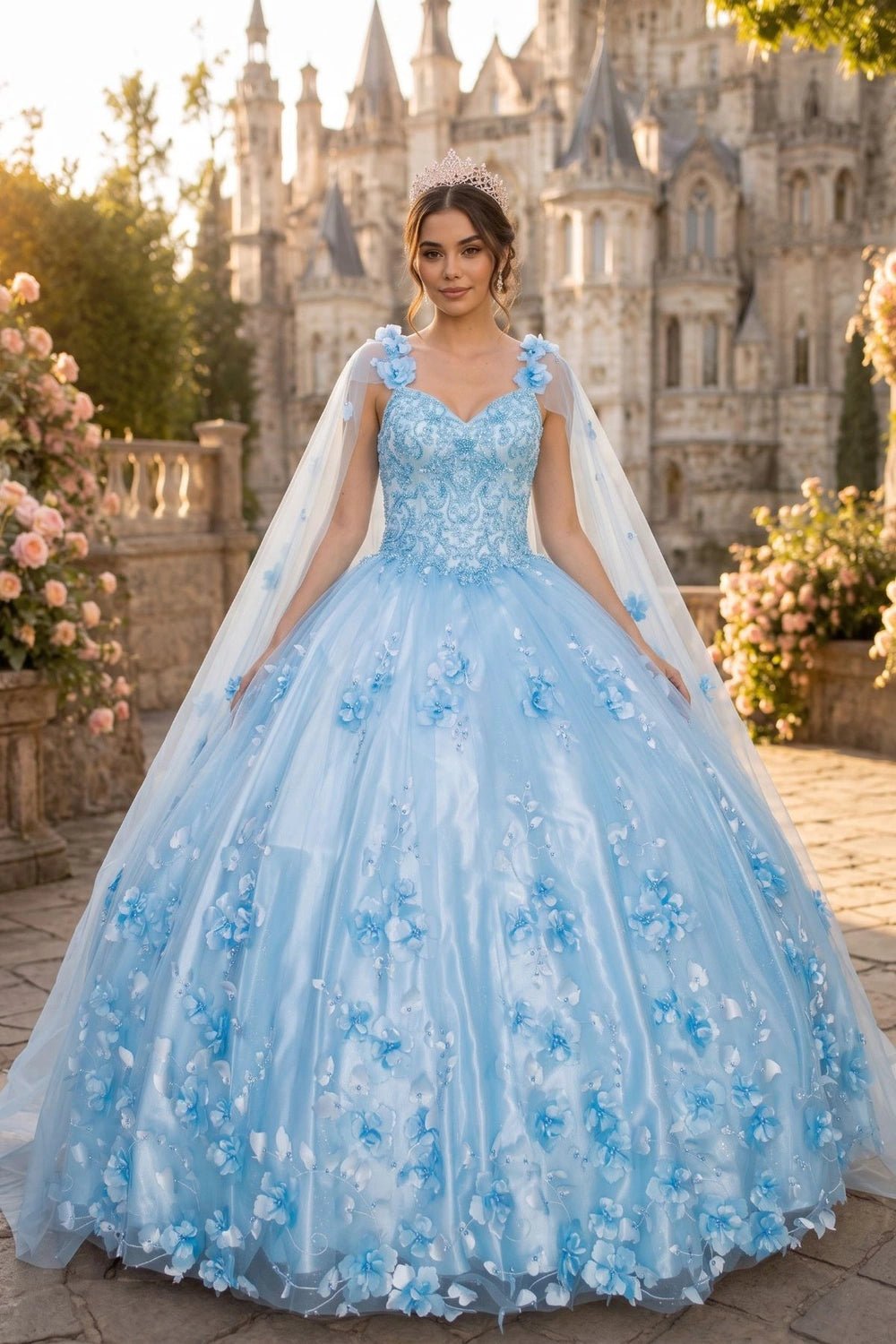 Displayed in a front view, the Light Blue quinceañera dress has floral bodice and sheer cape above a full tulle skirt.
