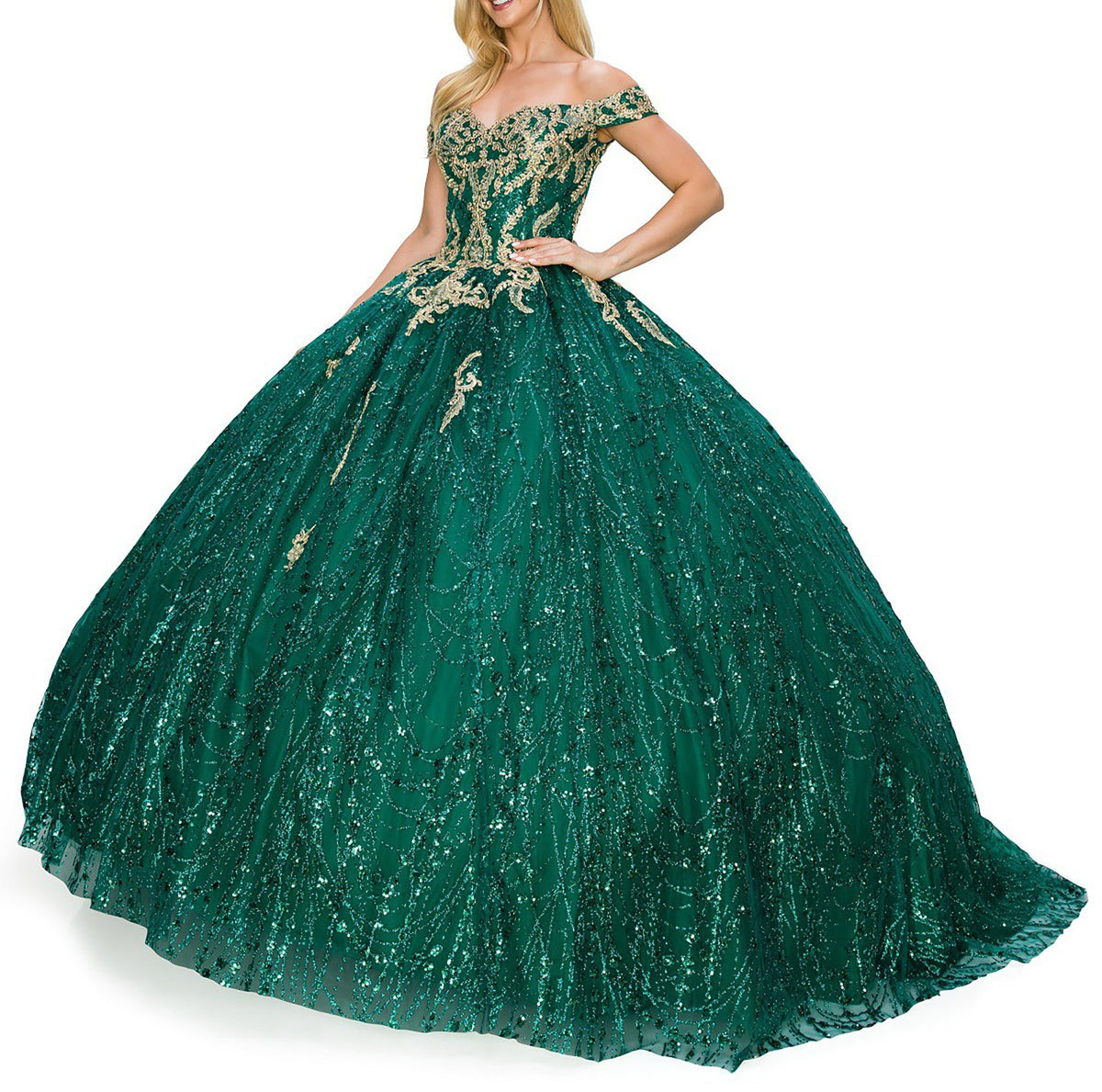 Detailed view highlights hunter green quinceanera ball gown with sweetheart neckline, gold embroidery, and glitter bodice.