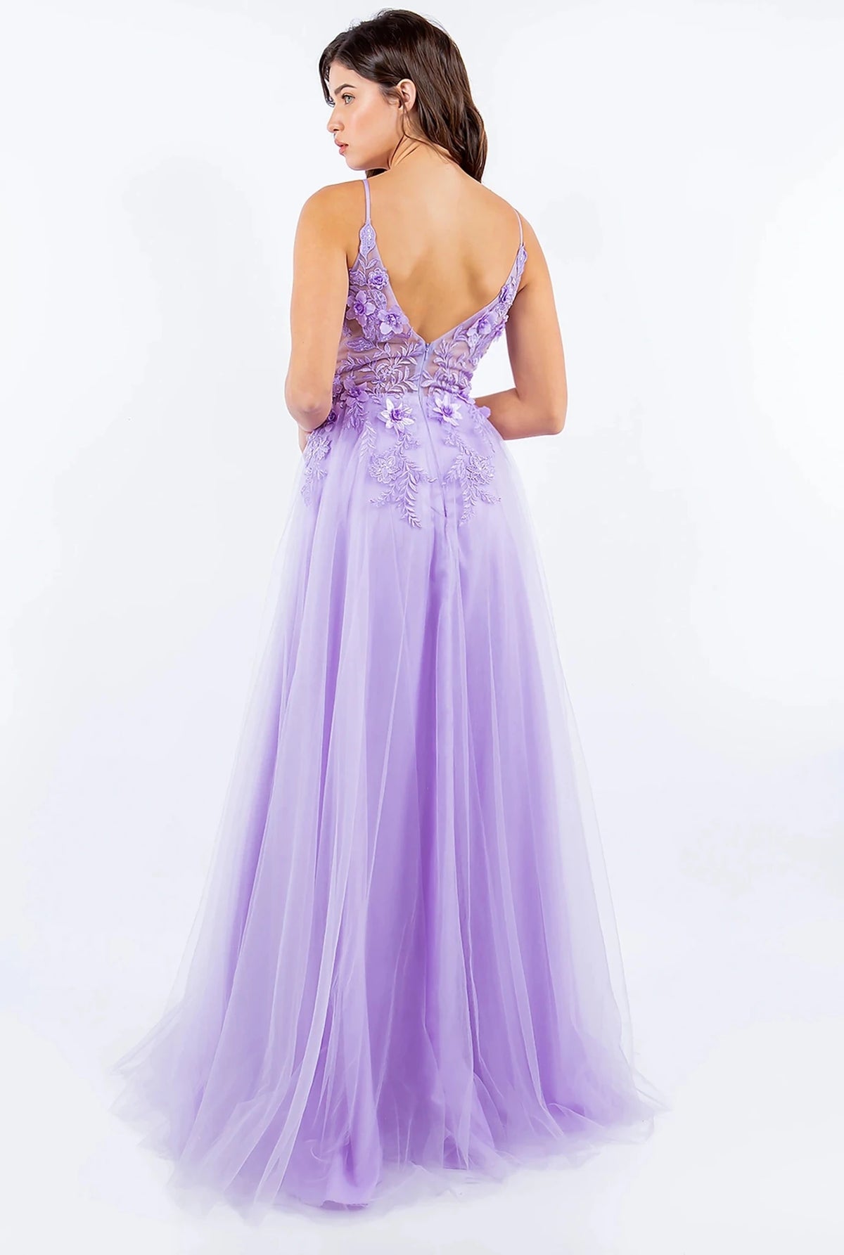 Intricate features stand out across lilac evening dress showcasing central zipper closure for fitted finish.