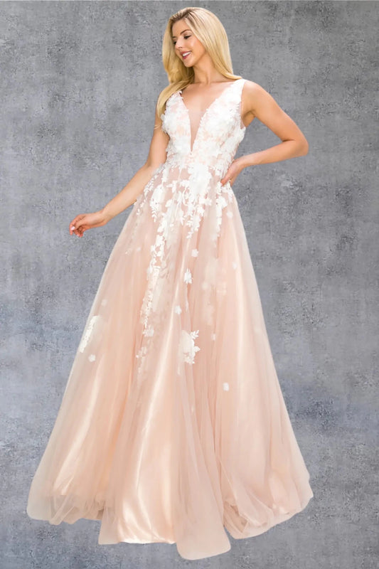 Full length- view of blush formal dress with deep V-length- and flowing skirt.