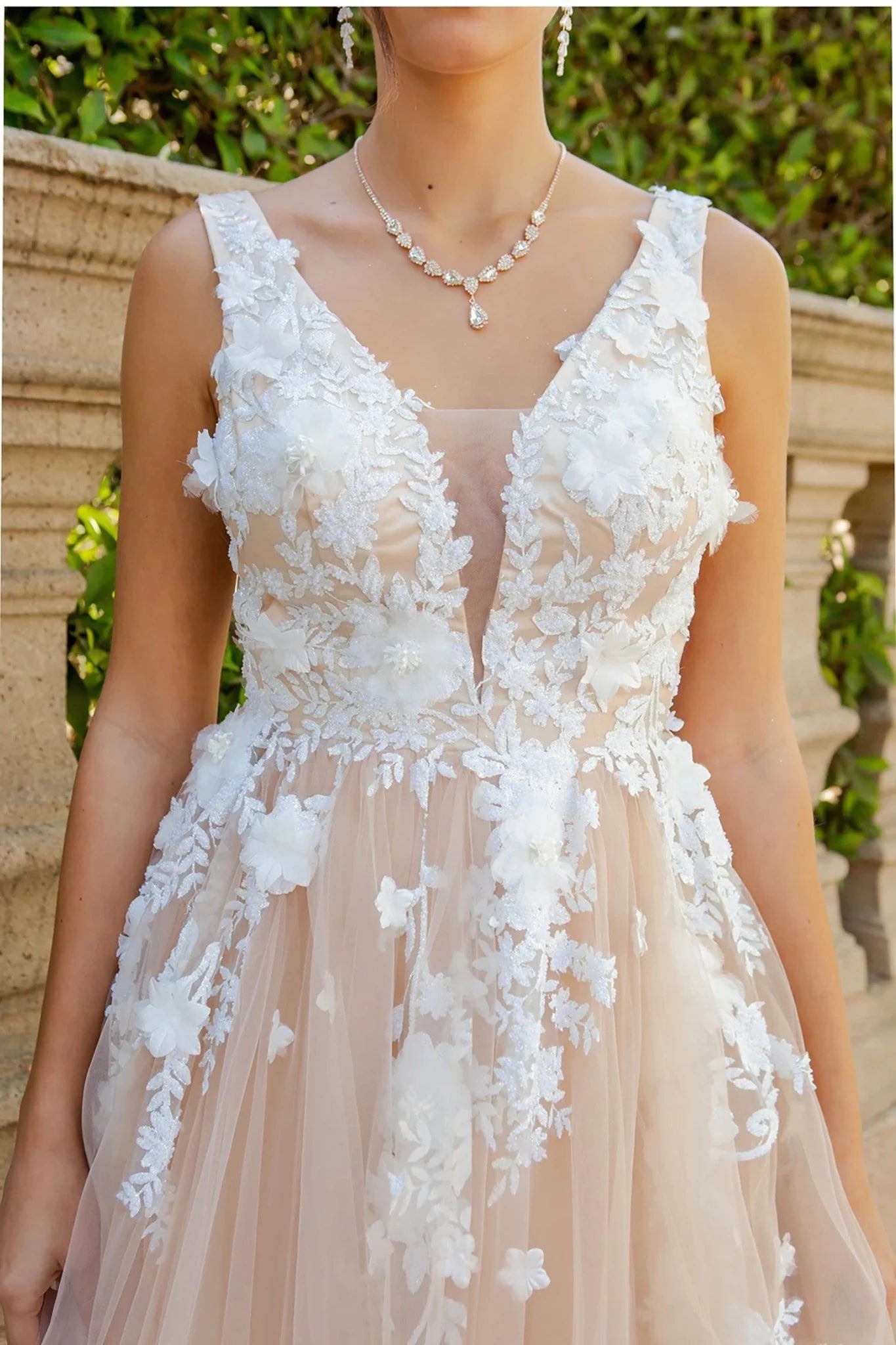 champagne evening dress sleeveless 3d floras and lace v neck dress
