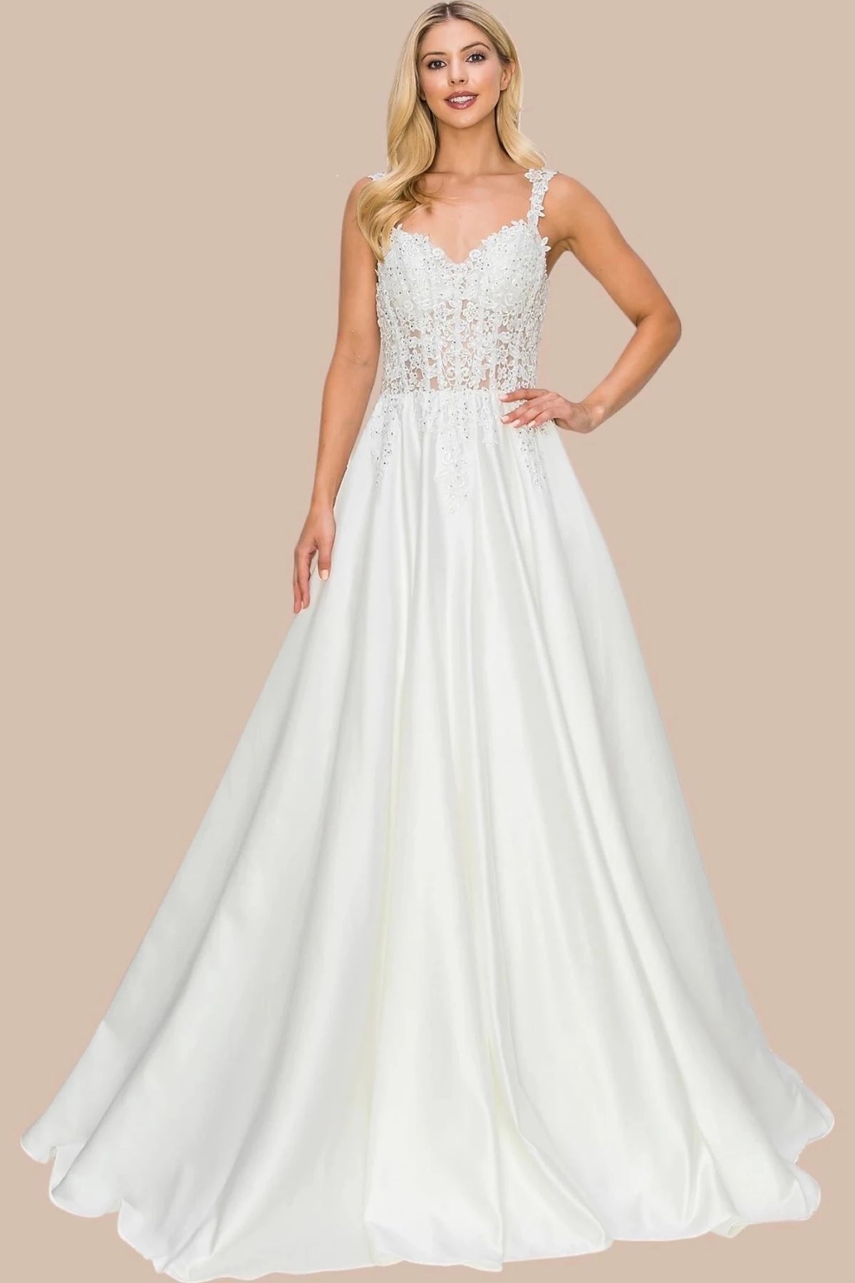 Detailed view highlights ivory evening dress showcasing A-line skirt with sweep train.