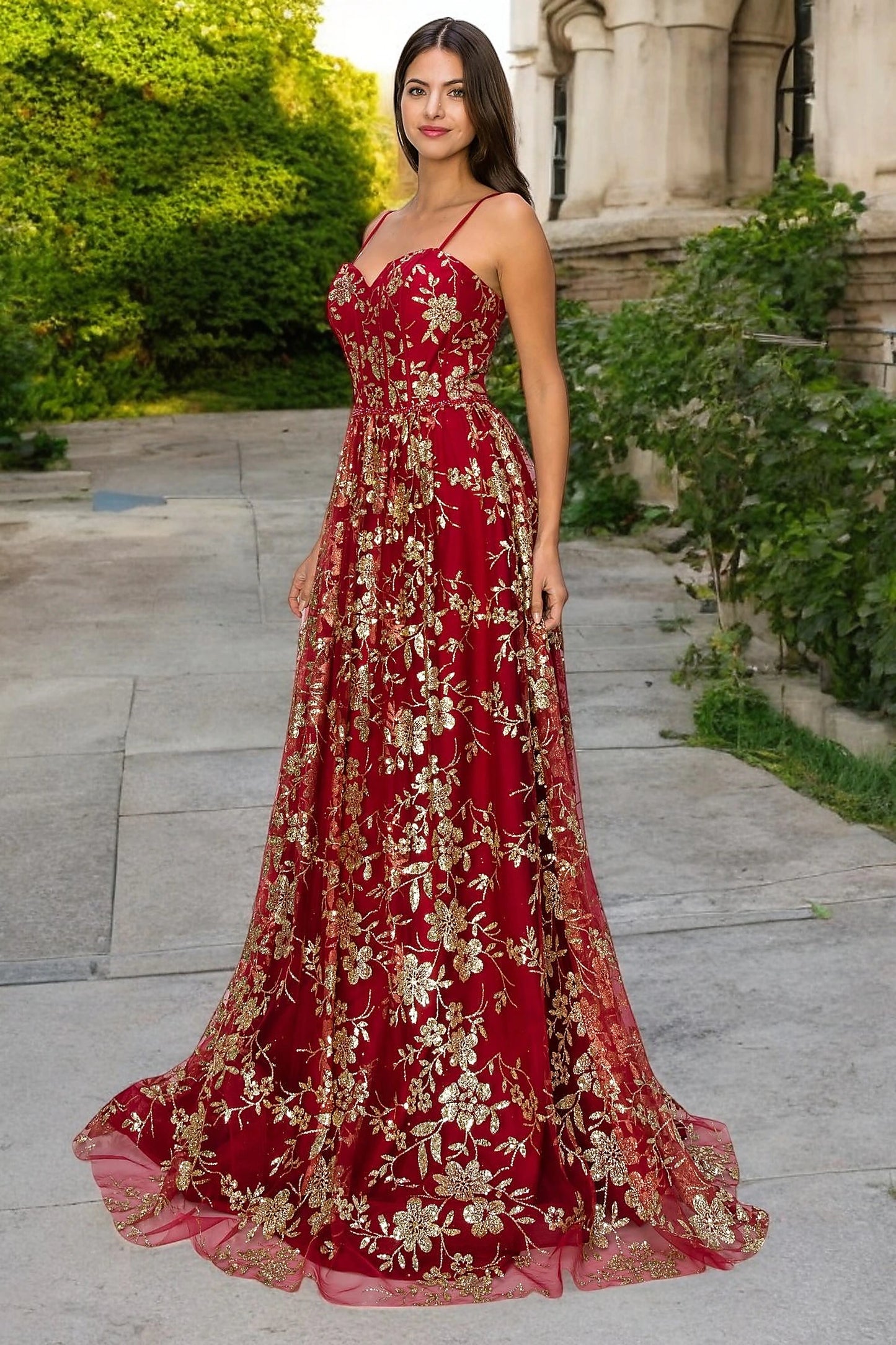 Burgundy evening dress designed with removable spaghetti straps and full lining