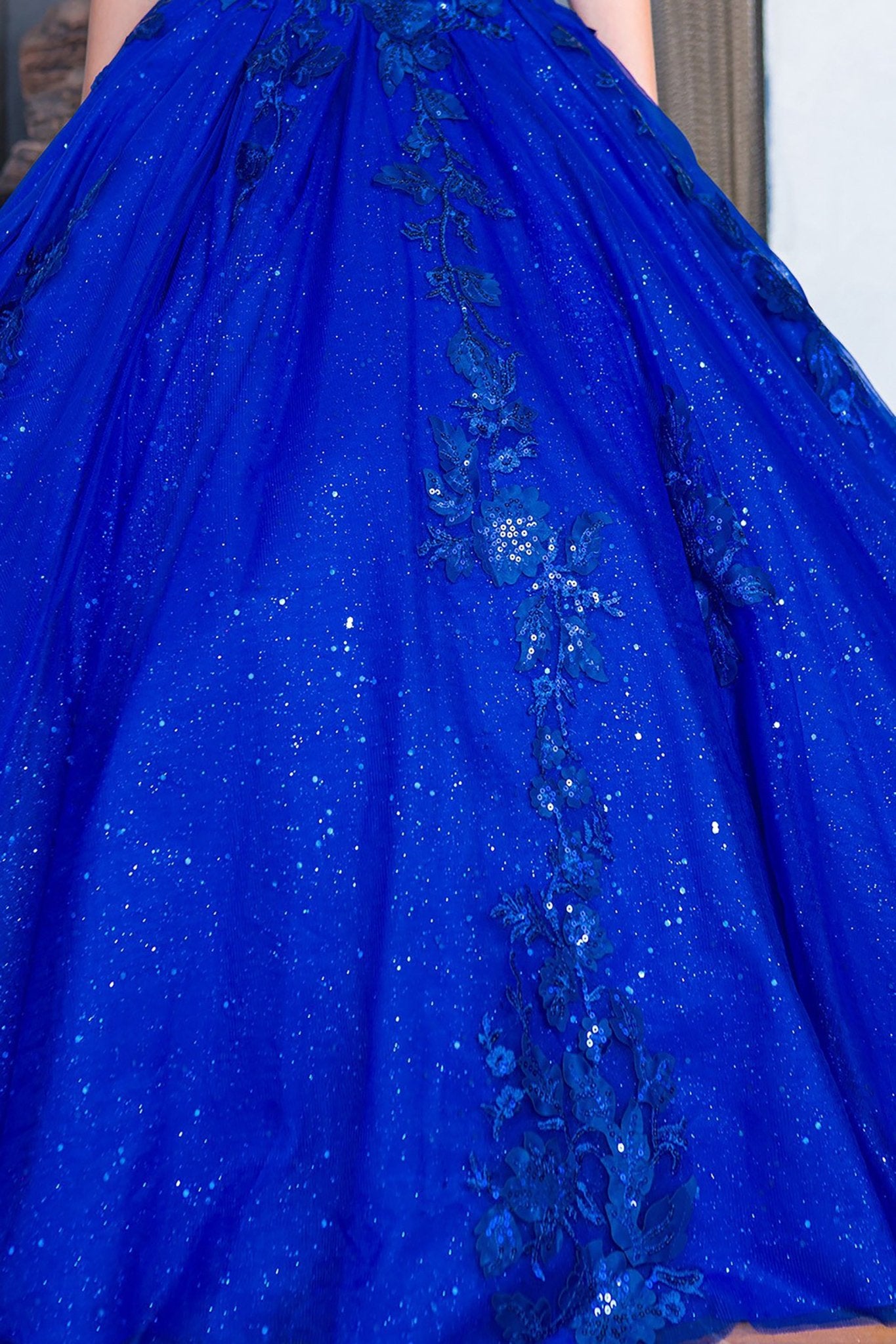Royal blue skirt zoom kids mini quinceañera mini quince dress with glitter lace layers, 3D floral sequin applique and embroidery accents.