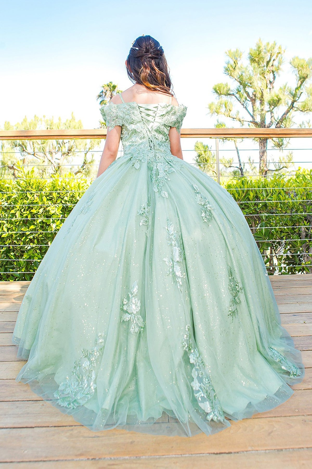 Back detail shows sage kids mini quinceañera mini quince dress with sweetheart neckline, 3D floral sequin applique.