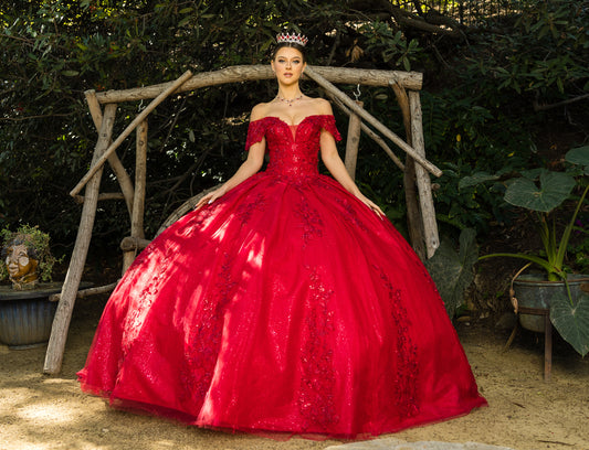 Quinceanera | Red 3D Floral Sequin Appliqué with Glitter Lace Train Sweet 15 Ball Gown | Adriana dress | 3 Colors Available red