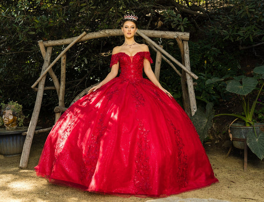 Quinceanera | Red 3D Floral Sequin Appliqué with Glitter Lace Train Sweet 15 Ball Gown | Adriana dress | 3 Colors Available red