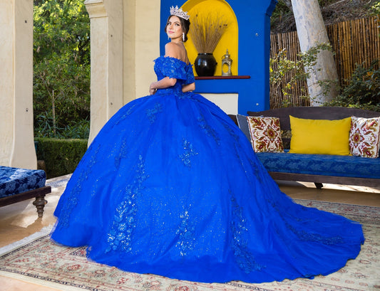 Back view of a woman wearing royal blue quinceanera ball gown with floral sequin appliques, glitter lace train, and lace-up closure