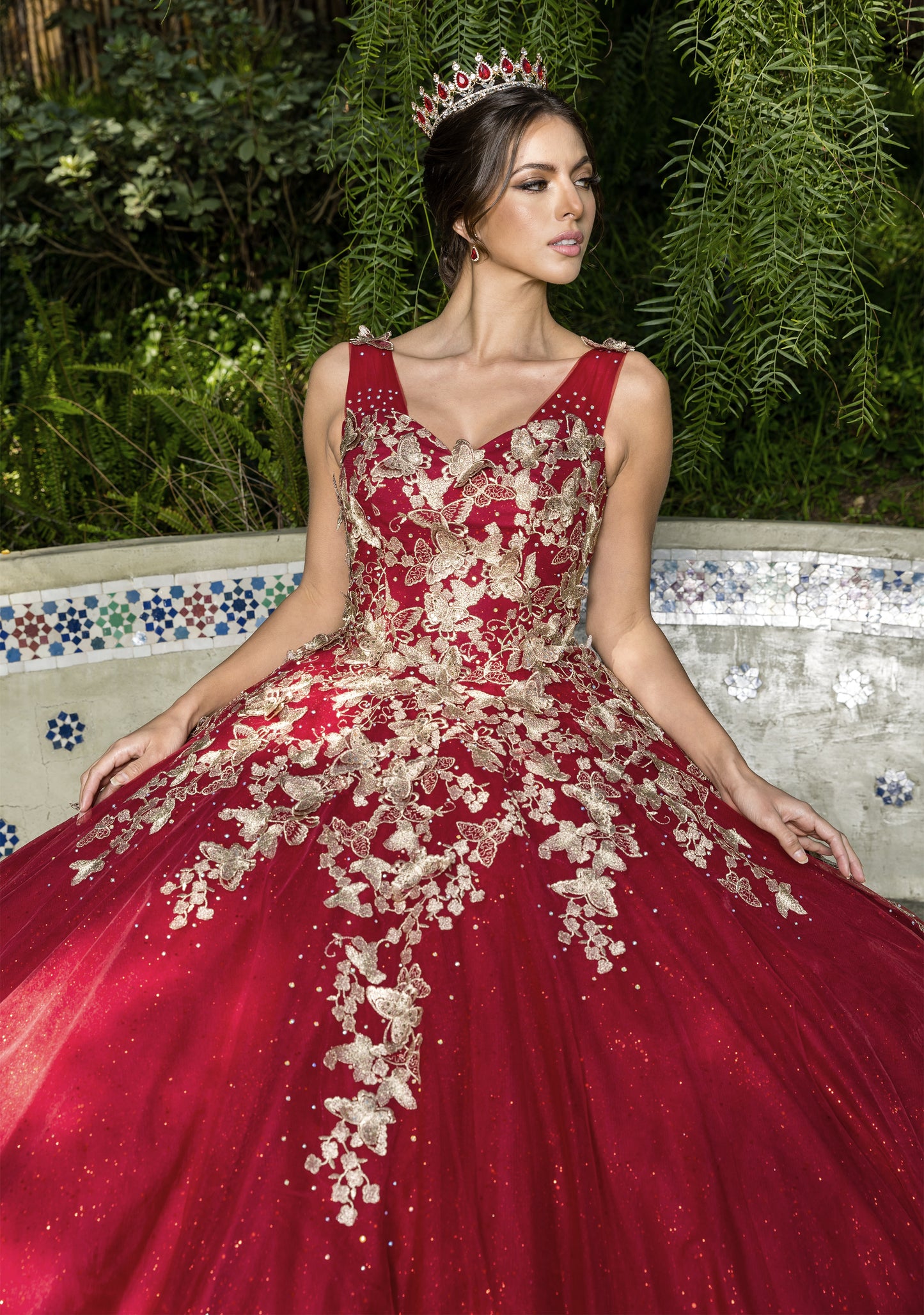 Quinceanera | Burgundy Metallic Embroidered 3D Butterfly on Glitter Tulle Sweet 15 Ball Gown | Natalia dress | 3 Colors front zoom