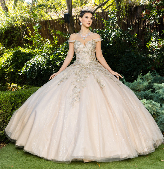 Quinceanera | Champagne Metallic Embroidered 3D Butterfly on Glitter Tulle Sweet 15 Ball Gown | Natalia dress | 3 Colors front view