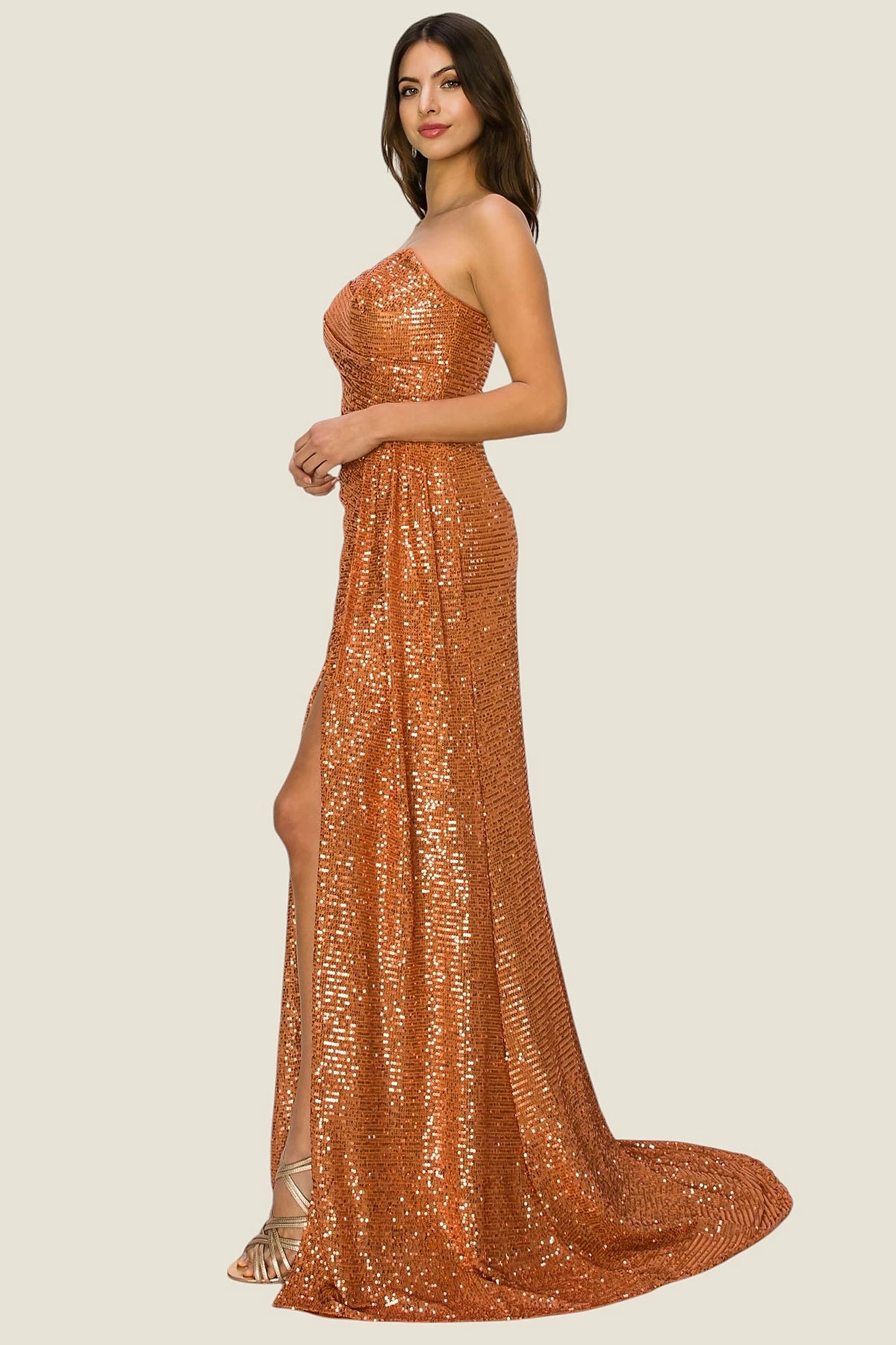 Orange evening dress showcasing side draped sheath silhouette with thigh-high slit