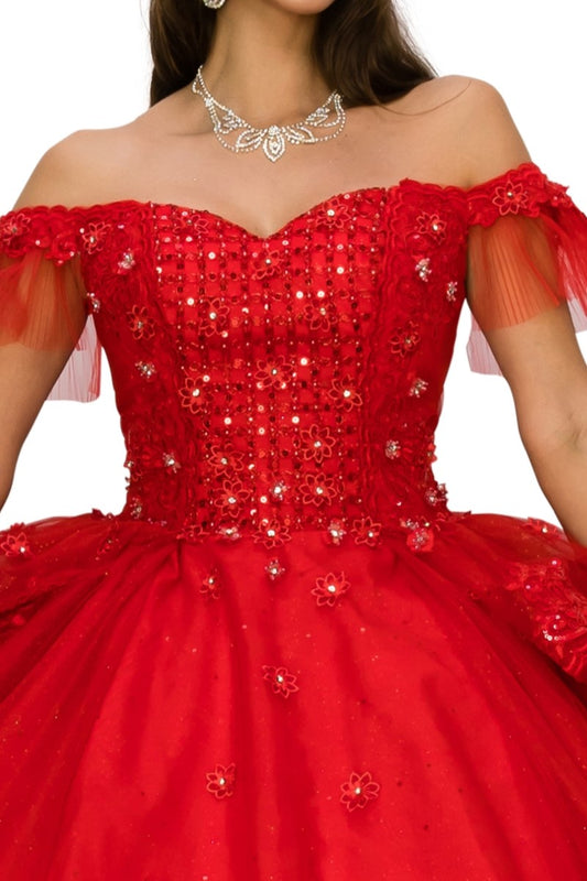 Red sequin dress with off-shoulder design on a white background