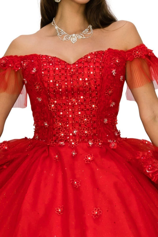 Red sequin dress with off-shoulder design on a white background