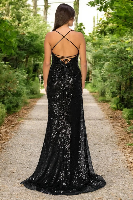 A full back view of a woman wearing a black sequin formal dress featuring a lace-up corset and open back.