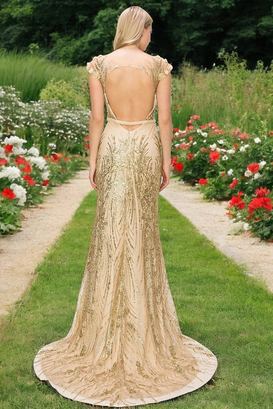 Champagne Sequin 3D Floral Glitter Evening Dress