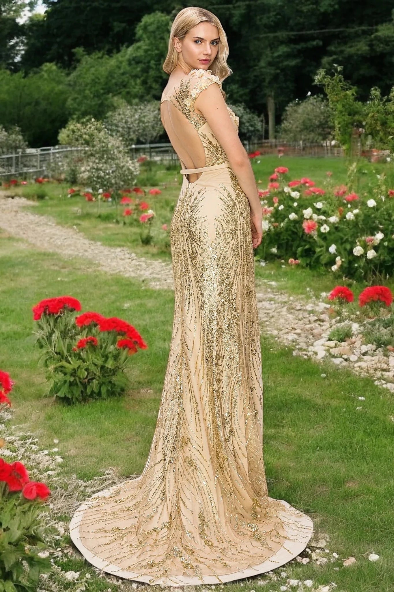 Champagne column dress designed with zipper closure for easy entrance