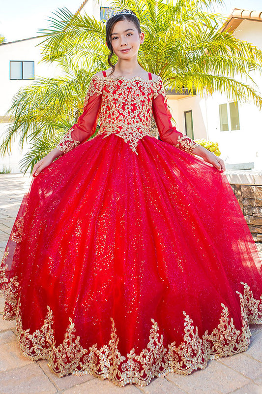 Mini Quince | Red Long Sleeve Off-shoulder Glitter Tulle decorated with Gold Coil Lace Mini Quinceanera 3 Anos Dress | Lara dress | 3 Colors Available front