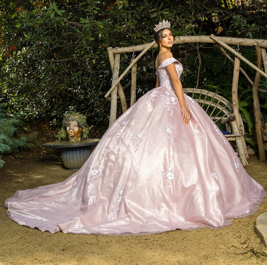 Quinceanera | Dusty Rose Elegant Lace Off-Shoulder Sweetheart Gown with Embossed Tulle, Satin Train, and Two-Tone Sequin Flower Appliqué | Gabriela dress | 2 Colors  side