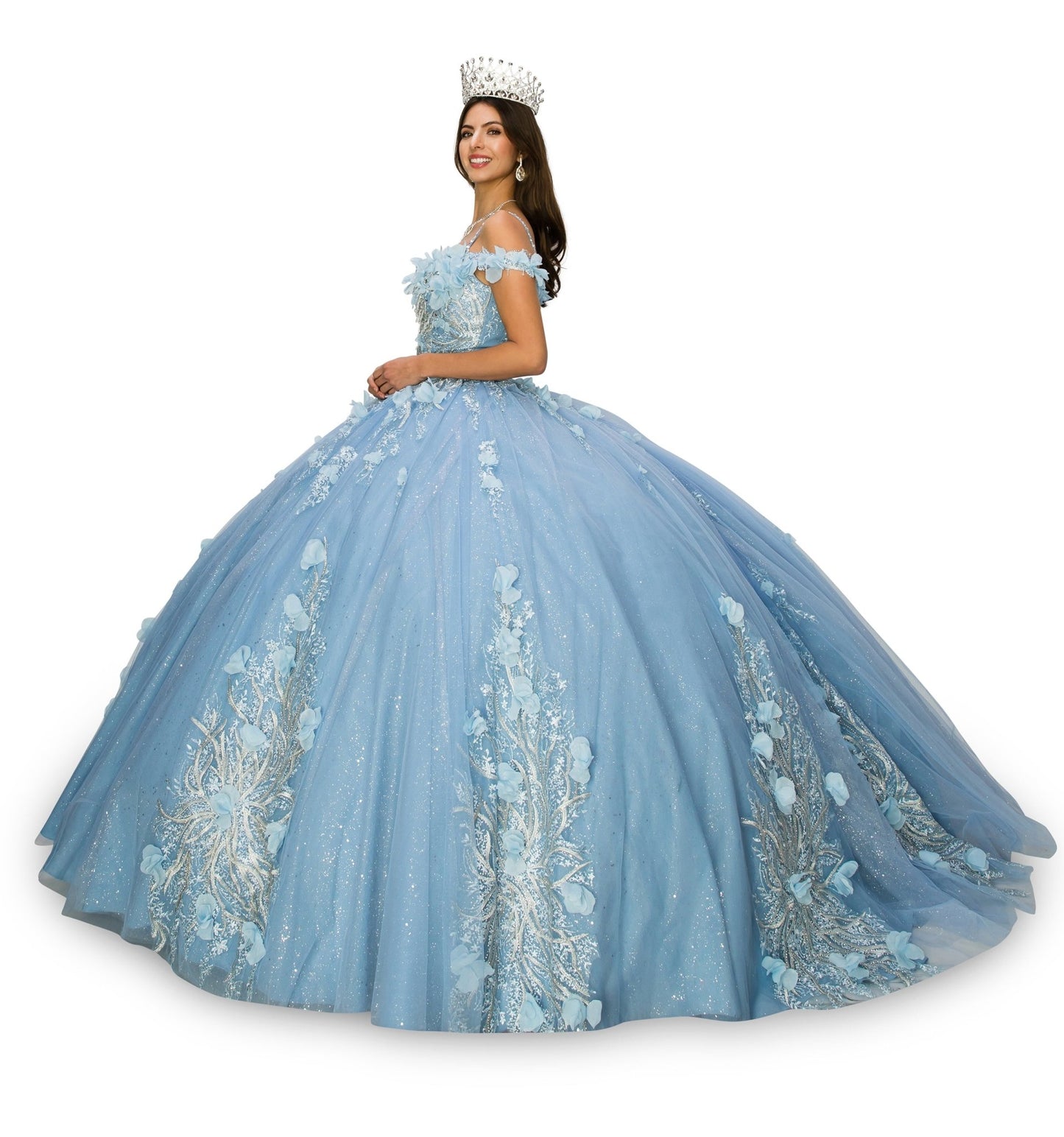 Quinceanera | Dusty Blue Off-shoulder Embroidered Stones with 3D Floral Applique Ball gown with Rhinestone shoulder strap | Kennedy dress | 3 Colors Available side