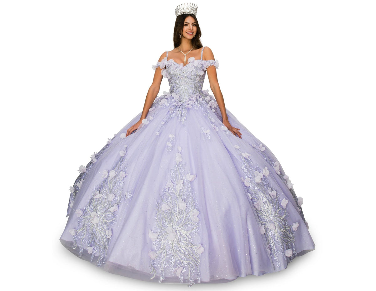 Skirt detail shows lilac quinceanera ball gown with rhinestone straps, 3D floral appliques, and glitter tulle skirt.