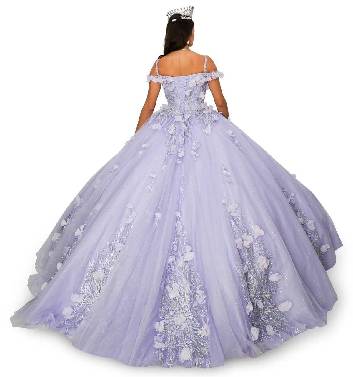 Rear view reveals lilac quinceanera ball gown with rhinestone straps, 3D floral appliques, and glitter tulle train.