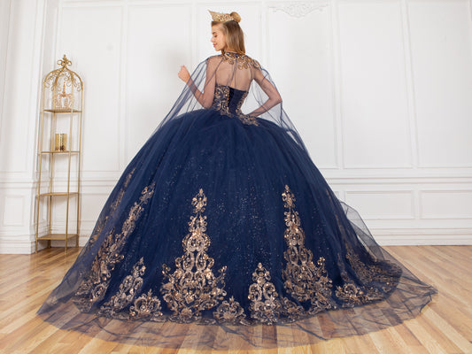 Quinceanera | Navy Off-shoulder Golden Lace Sweet 15 Ballgown with Detachable Shoulder Train | Alma J dress back