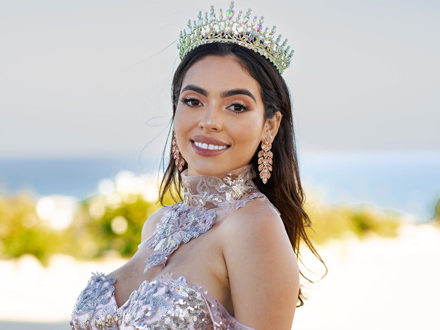 Quinceanera | Blush Off-Shoulder Ballgown Adorned with Golden Lace & Detachable Shoulder Train Sleeves | Renata J dress | 3 Colors Available tiara
