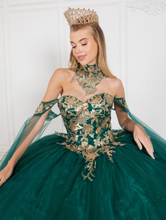 Quinceanera | Hunter Green Off-Shoulder Ballgown Adorned with Golden Lace & Detachable Shoulder Train Sleeves | Renata J dress | 3 Colors Available front zoom