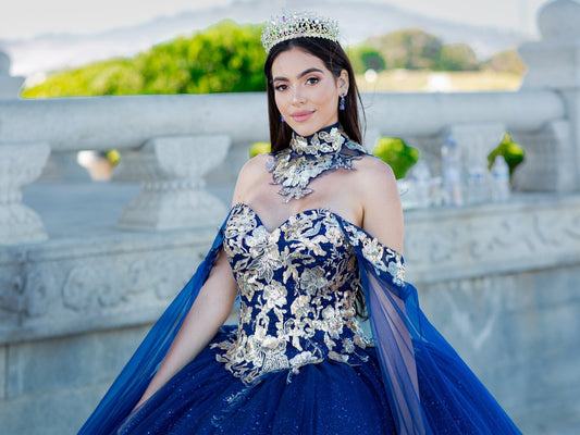 Quinceanera | Navy Off-Shoulder Ballgown Adorned with Golden Lace & Detachable Shoulder Train Sleeves | Renata J dress | 3 Colors Available front zoom