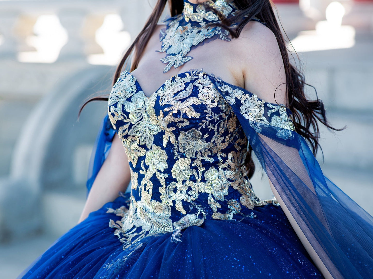 Quinceanera | Navy Off-Shoulder Ballgown Adorned with Golden Lace & Detachable Shoulder Train Sleeves | Renata J dress | 3 Colors Available front zoom with tulle
