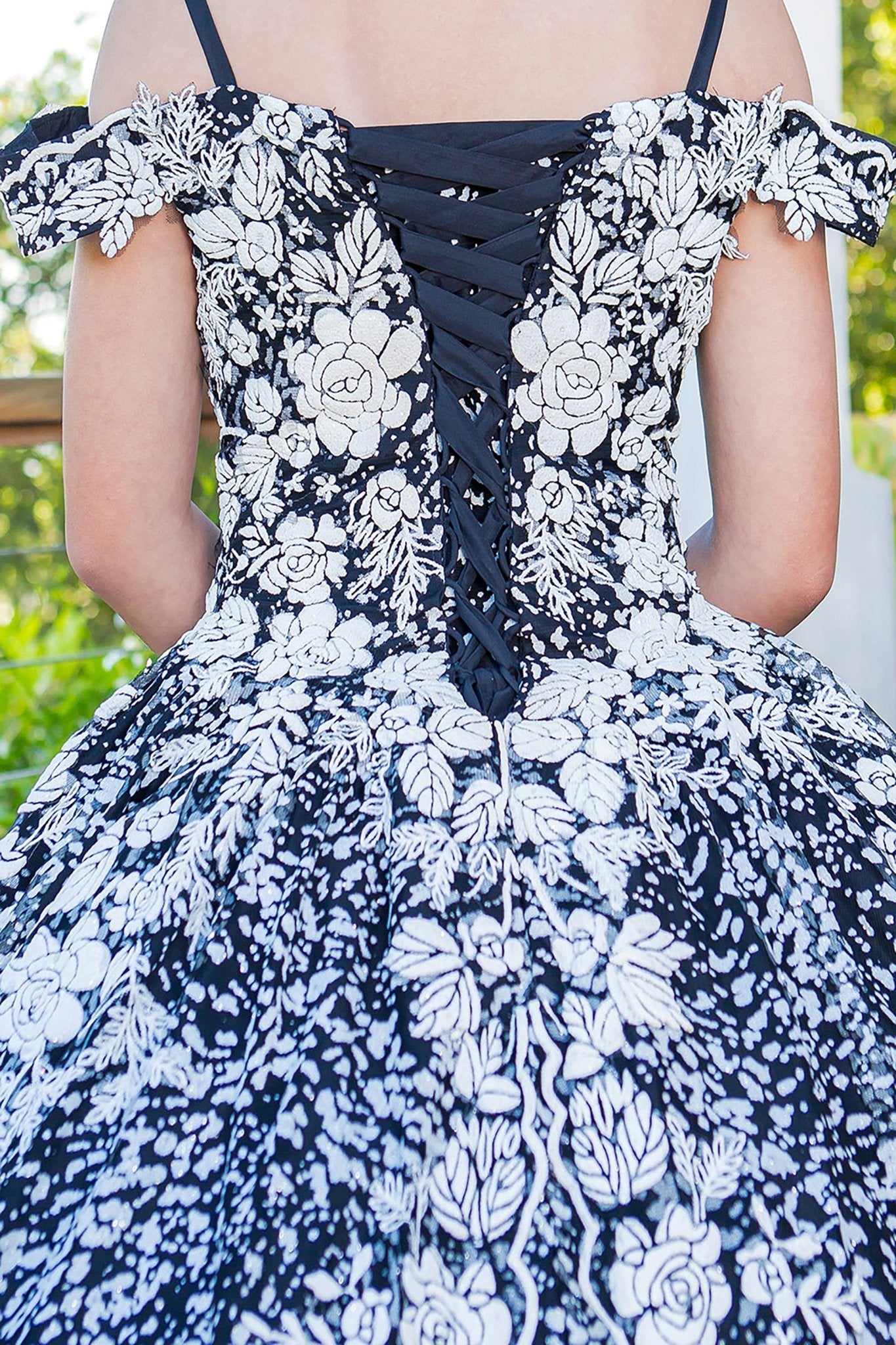 Black white back zoom kids mini quinceañera mini quince dress with off-shoulder tulle, glitter fabric and 3D floral applique.