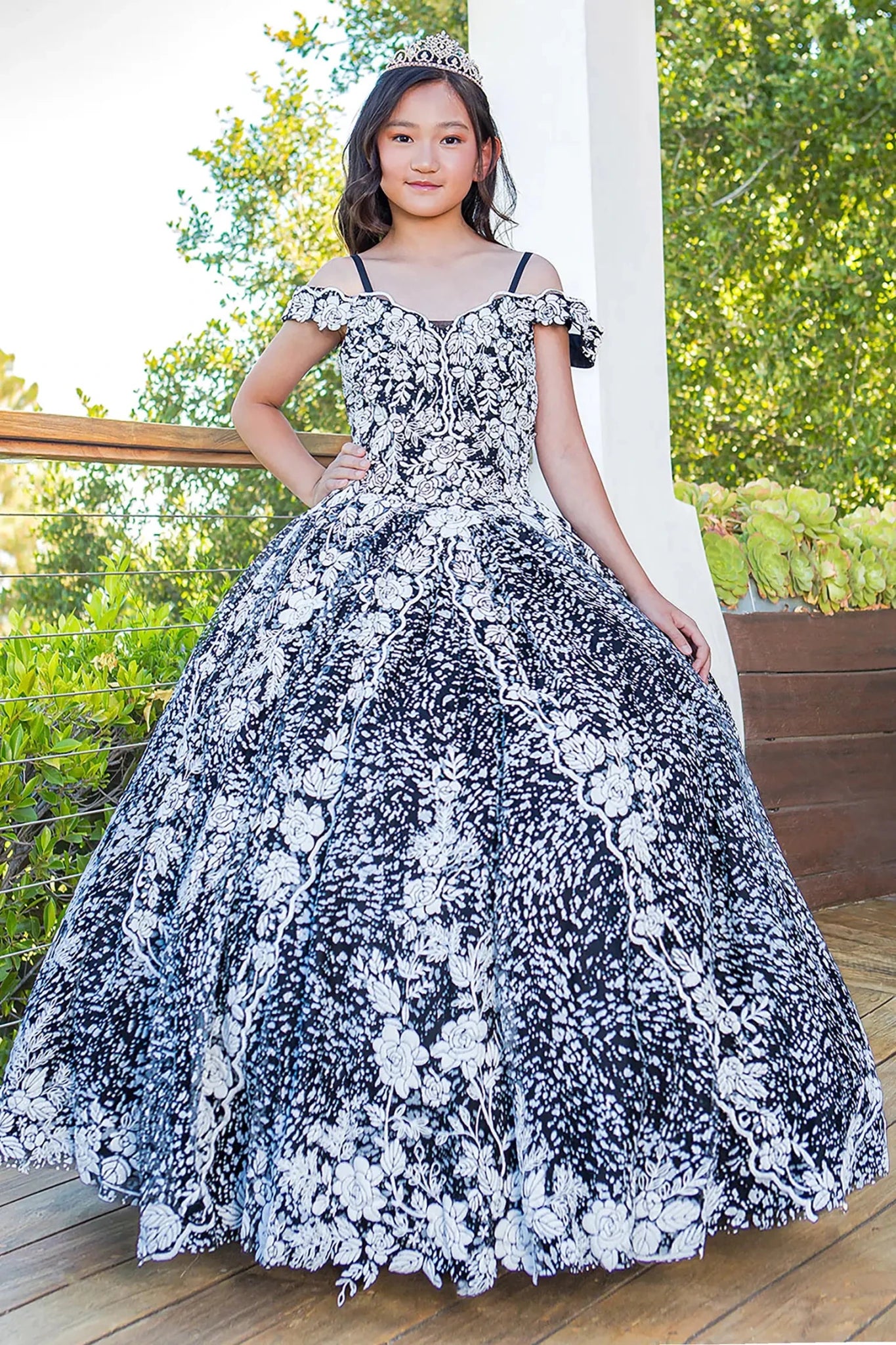 Black White Kids Mini Quinceanera Ball Gown 3D Floral Glitter 2 / Black